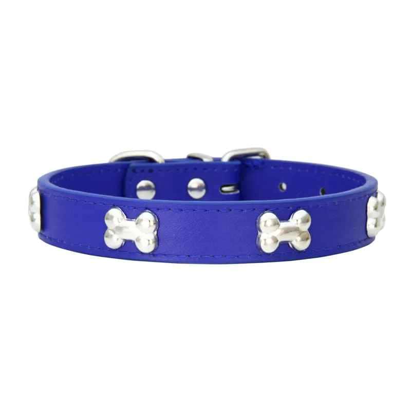 Collier pour chien cuir os bleu profond