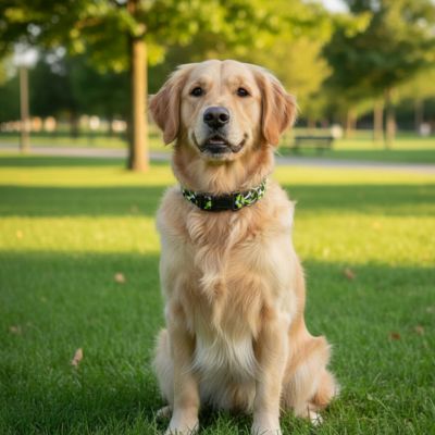 Collier chien os golden assis parc