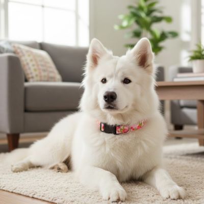 Collier chien rose samoyede couche