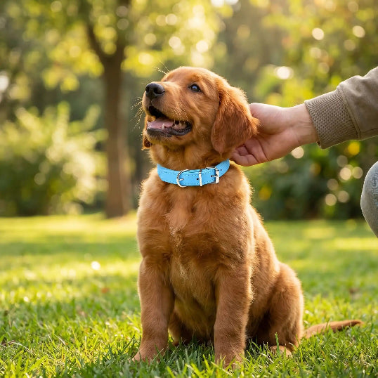 Collier en cuir chien confort optimale golden roux bleu clair