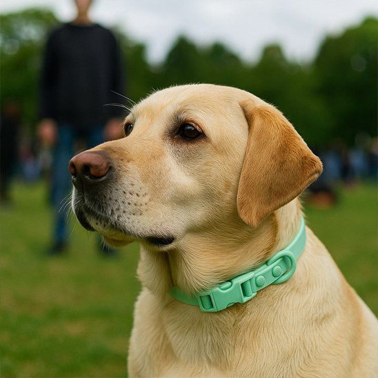 Collier chien confortable robuste vert regarde maitre